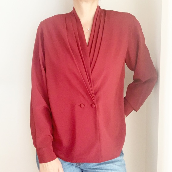 Vintage Tops - Vtg Vine Silky Blouse V Neck Front Buttons 12